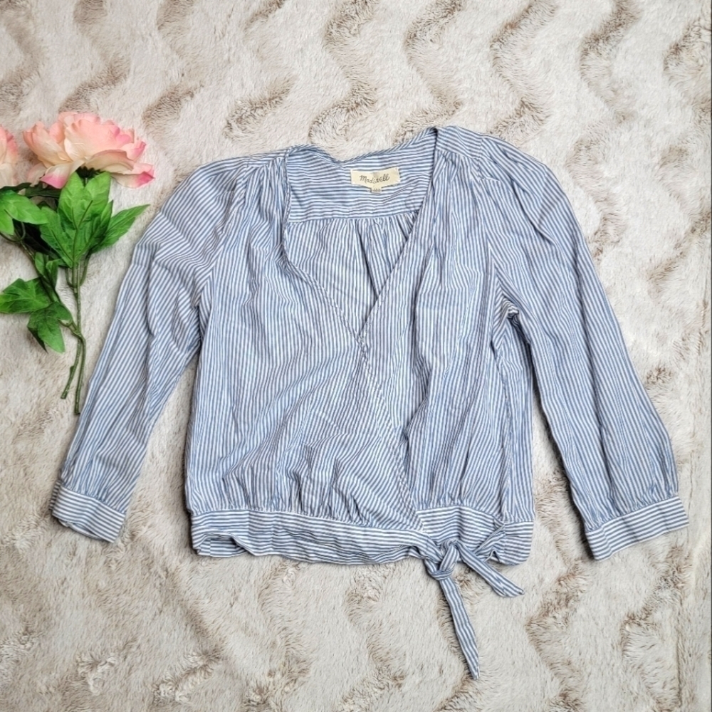 Madewell Blue White Stripe Cropped Top Sash Accent‎ Size XXS